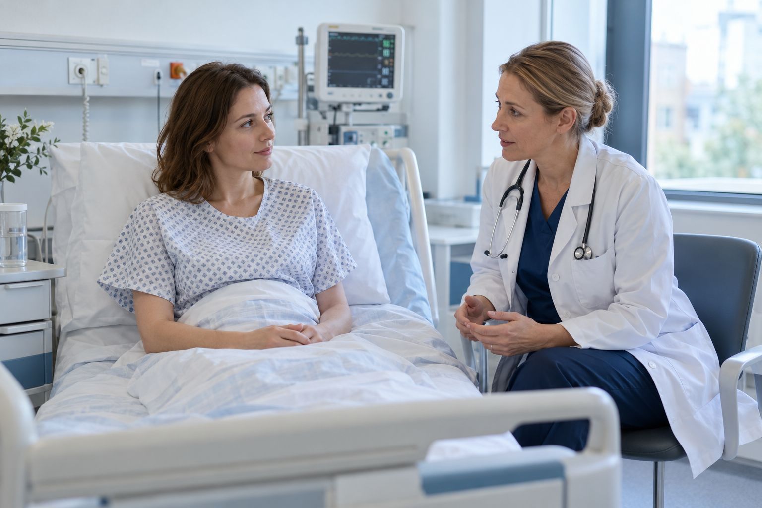 Капельница с Цефтриаксоном — врач беседует с пациенткой в палате